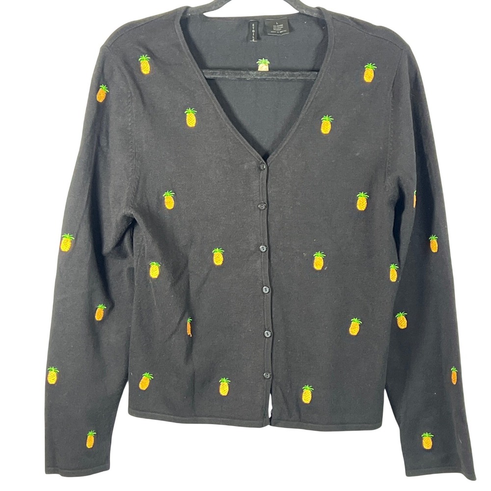 Etoile Women's Black Pineapple Button Up Sweater Cardigan Whimsical Fun Bold Top